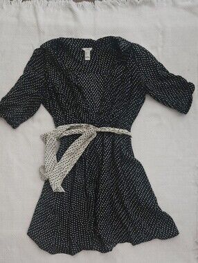 Black Mini Dress with White Dot Print and Cream Tie Belt